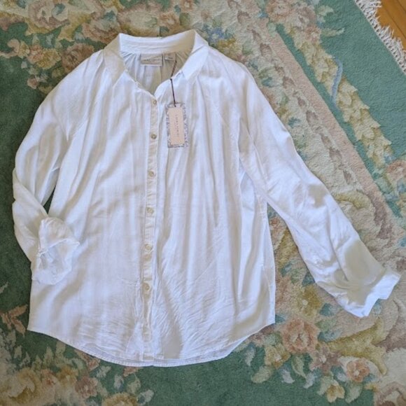 NEW LAURA ASHLEY Women Size L Shirt Top Button Down White Rayon Linen Raglan NWT - Picture 1 of 5